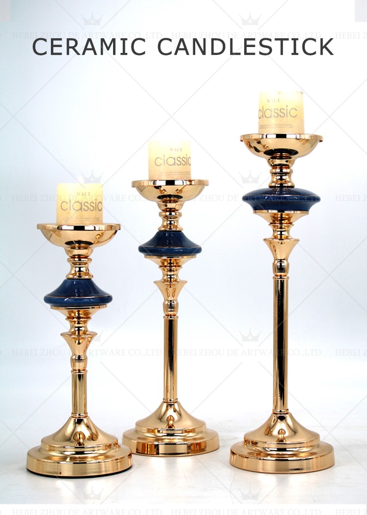 Factory supply direct wedding christmas decoration metal candle holder blue ceramic taper candle holder