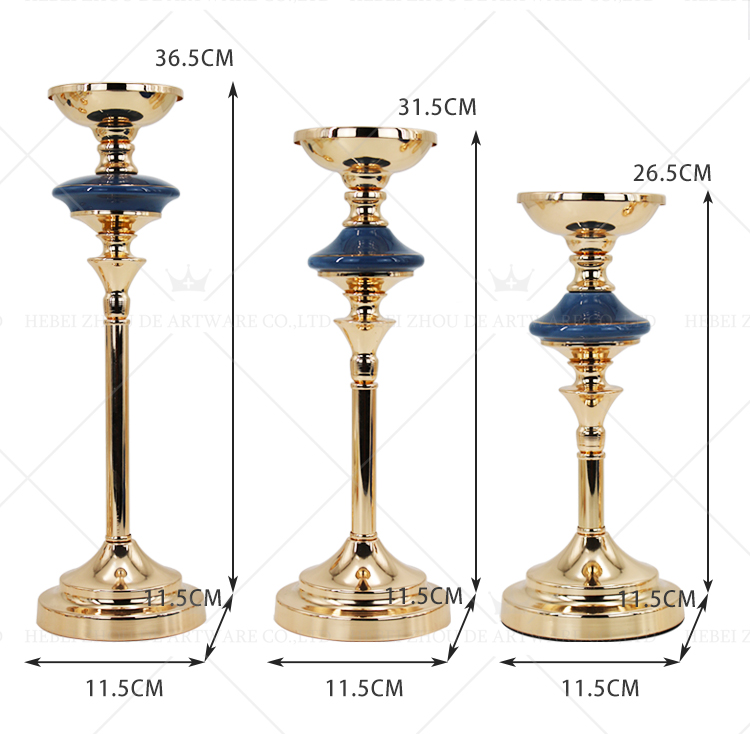 Factory supply direct wedding christmas decoration metal candle holder blue ceramic taper candle holder