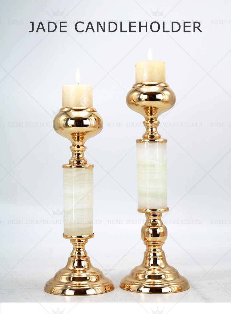 jade candle holder with golden metal base 90708