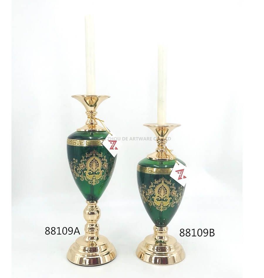 hot sale green glass candle holder with floral for home decoration in china