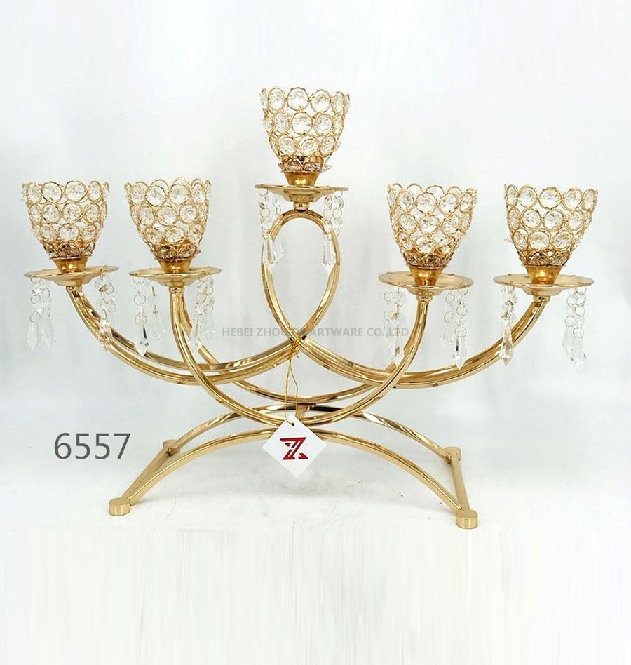 Upscale Simple Style 5 arm gold Crystal candle holder 6557