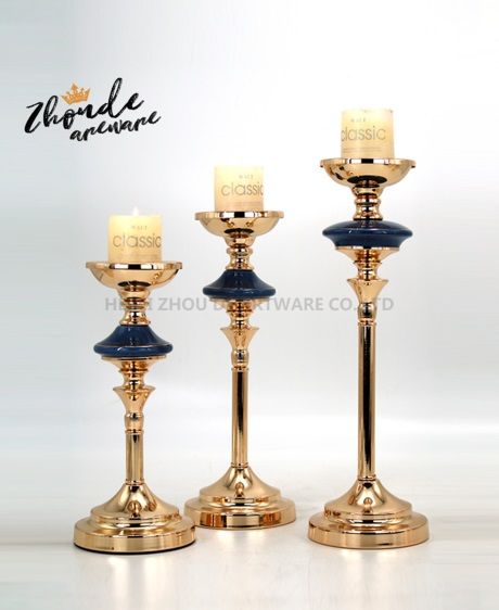 Factory supply direct wedding christmas decoration metal candle holder blue ceramic taper candle holder