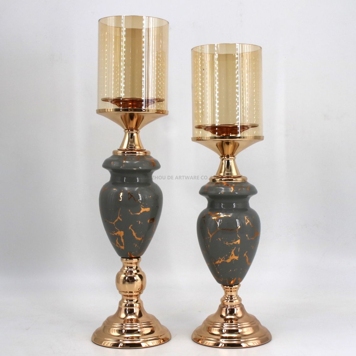 gold metal with gray ceramic candle holder set 91410