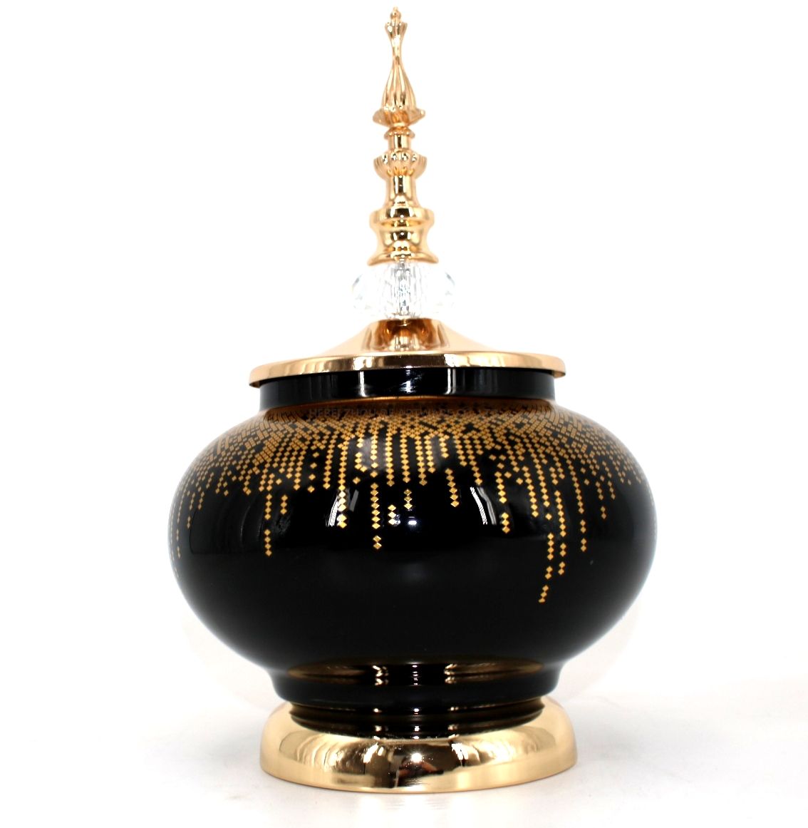 black glass with golden metal candy pot