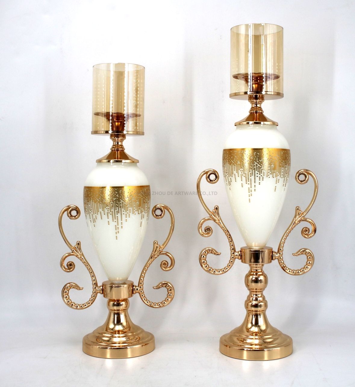 white glass with golden metal candle holder manufacture