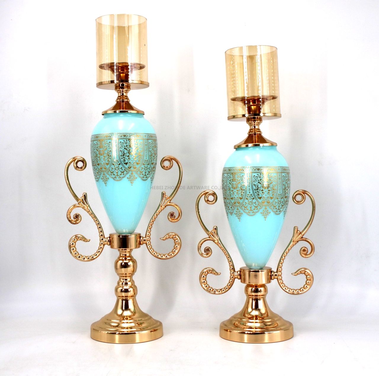 blue glass with golden metal candle holder for decoration