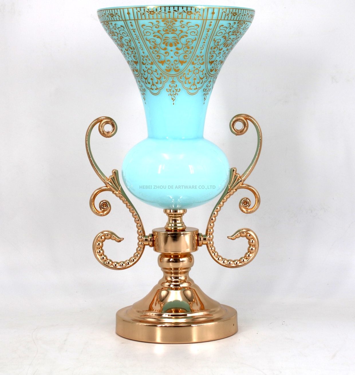 blue glass metal flower vase
