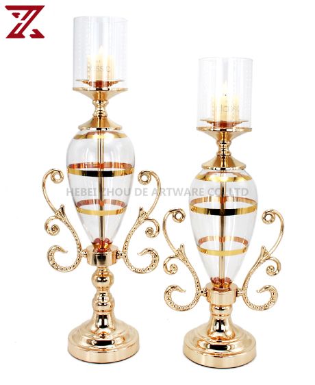 European style round gold glass candlestick luxury metal candle holder with lid home decor