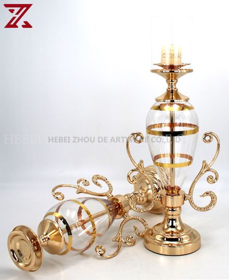 European style round gold glass candlestick luxury metal candle holder with lid home decor