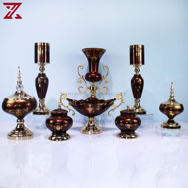 Factory sale luxury metal stand glass red vase bowl candle holder jar home decoration set for wedding party