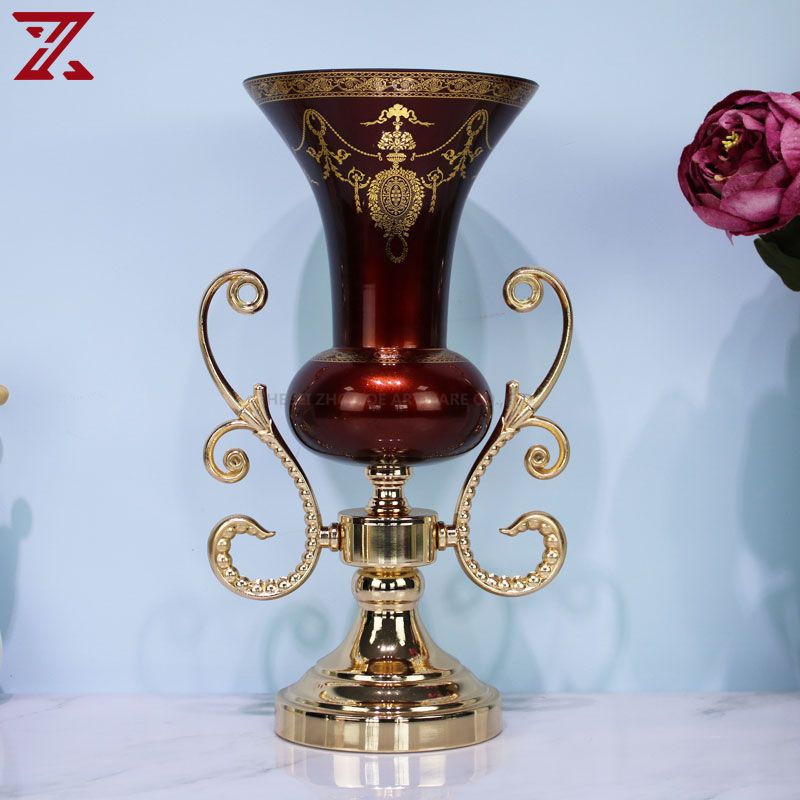 Factory sale luxury metal stand glass red vase bowl candle holder jar home decoration set for wedding party