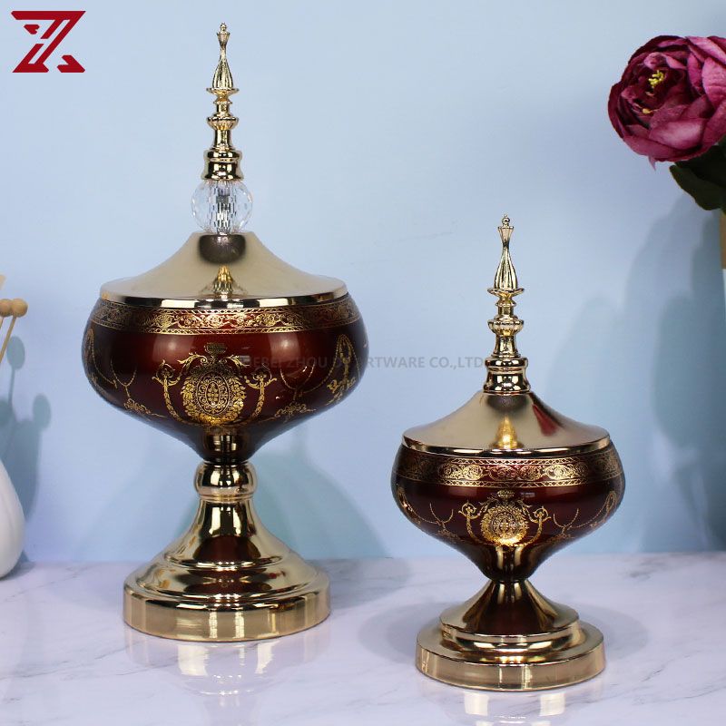 Factory sale luxury metal stand glass red vase bowl candle holder jar home decoration set for wedding party