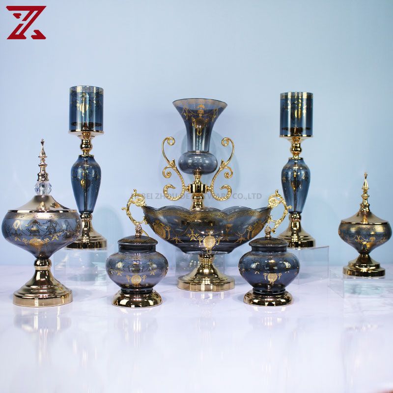 Luxury glass sets of 8 smoke gray candle holders vase fruit bowl living room accessories for home decorative