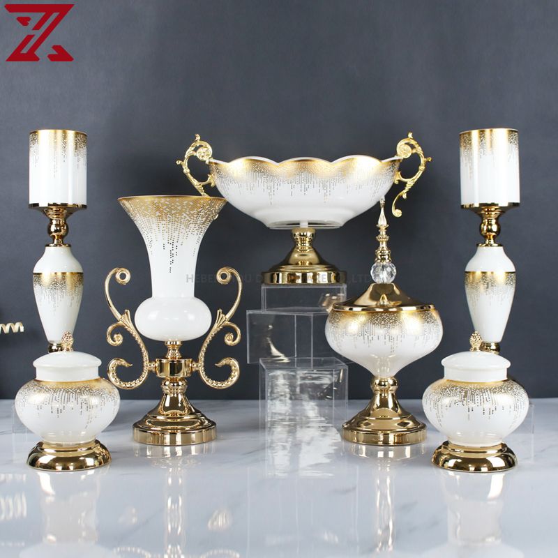 white glass with golden decal candle holder glass pot flower vase fruit bowl glass home decor set