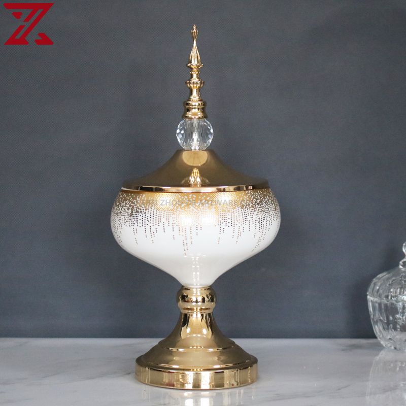 white glass with golden decal candle holder glass pot flower vase fruit bowl glass home decor set