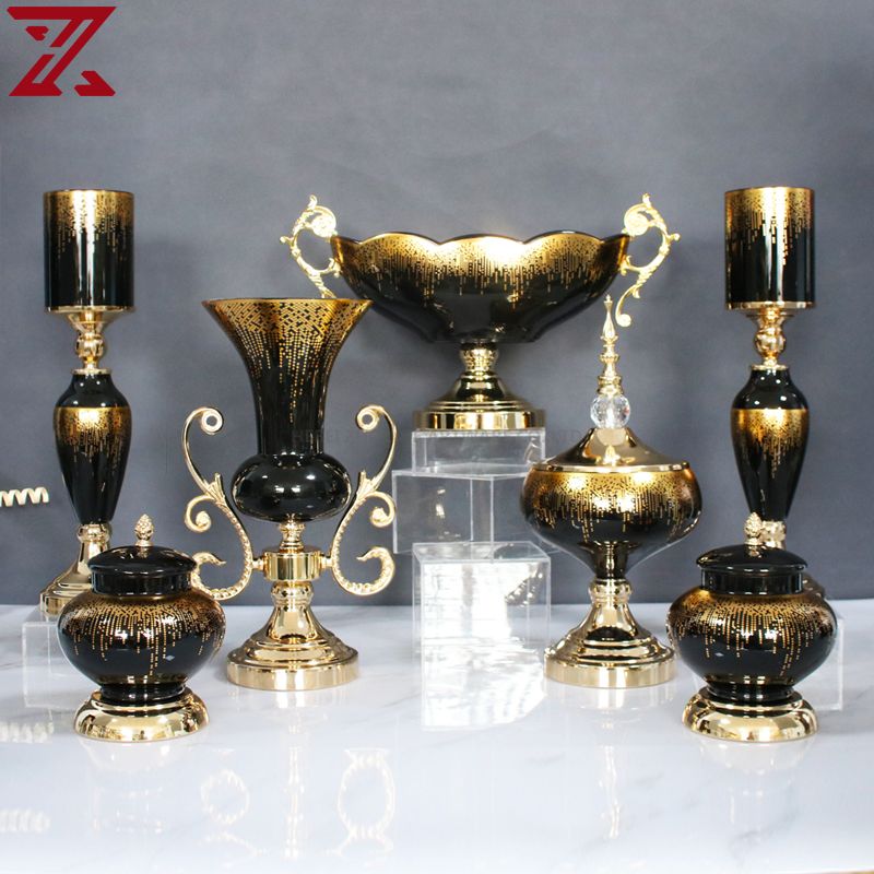 factory outlet luxurious black glass with golden decal glass pot flower vase fruit bowl glass home decor set