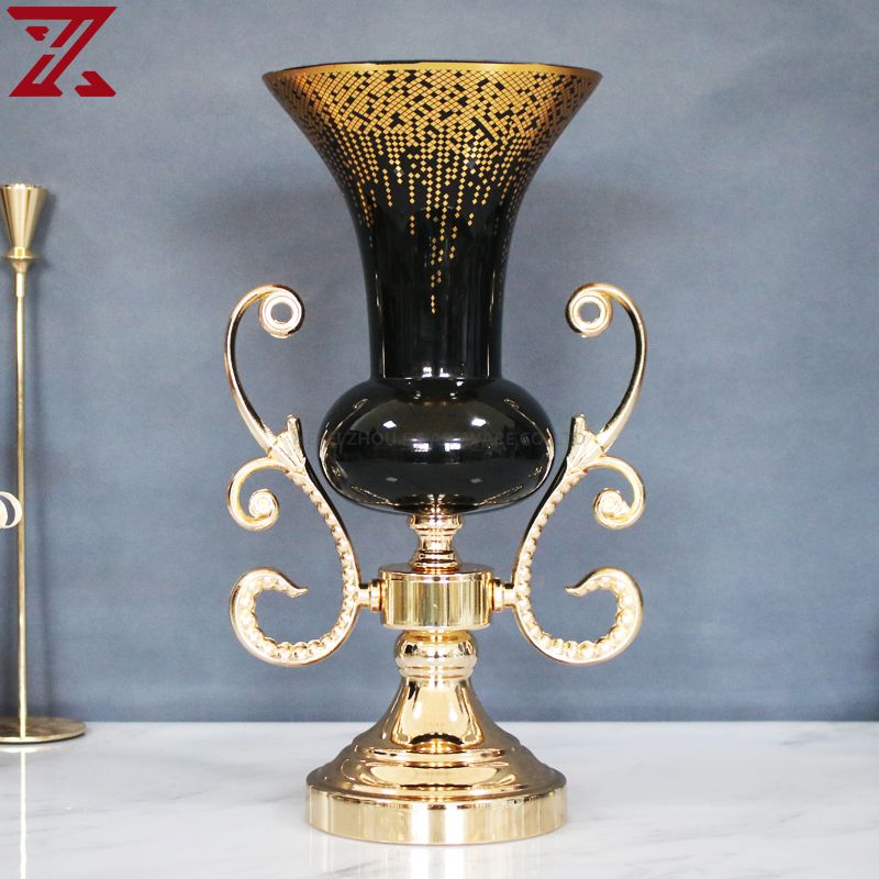 factory outlet luxurious black glass with golden decal glass pot flower vase fruit bowl glass home decor set