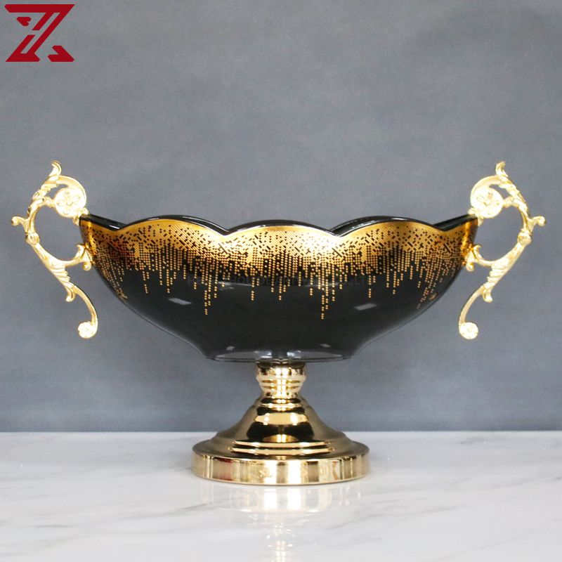 factory outlet luxurious black glass with golden decal glass pot flower vase fruit bowl glass home decor set