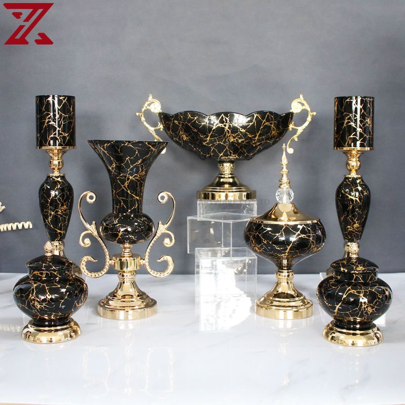 gold plating black marble decal glass pot flower vase fruit bowl candlestick glass home decor set