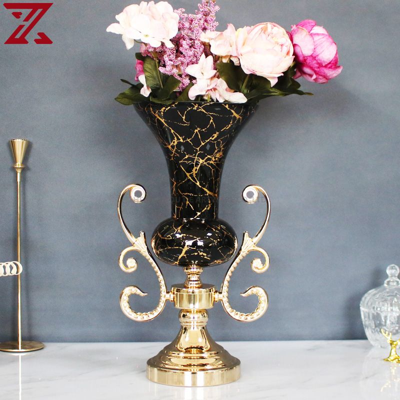 gold plating black marble decal glass pot flower vase fruit bowl candlestick glass home decor set