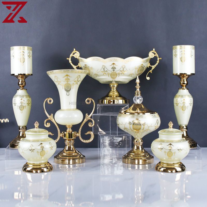 gold plating white cream glass flower vase candlestick with fruit bowl set 