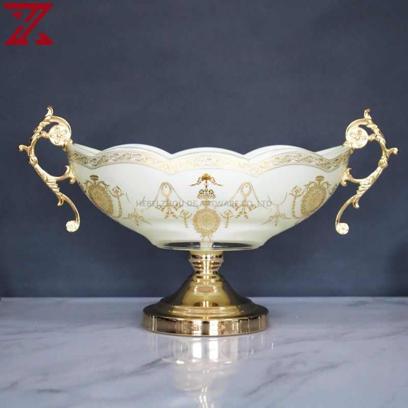 gold plating white cream glass flower vase candlestick with fruit bowl set 