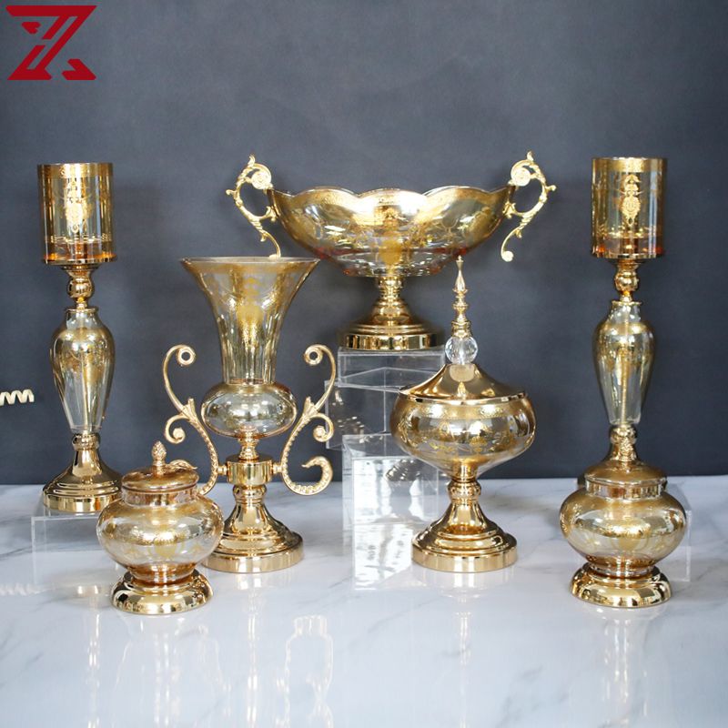 7 pcs set gold transparent plating craft glass candlestick ornaments fruit bowl vase set for household items display