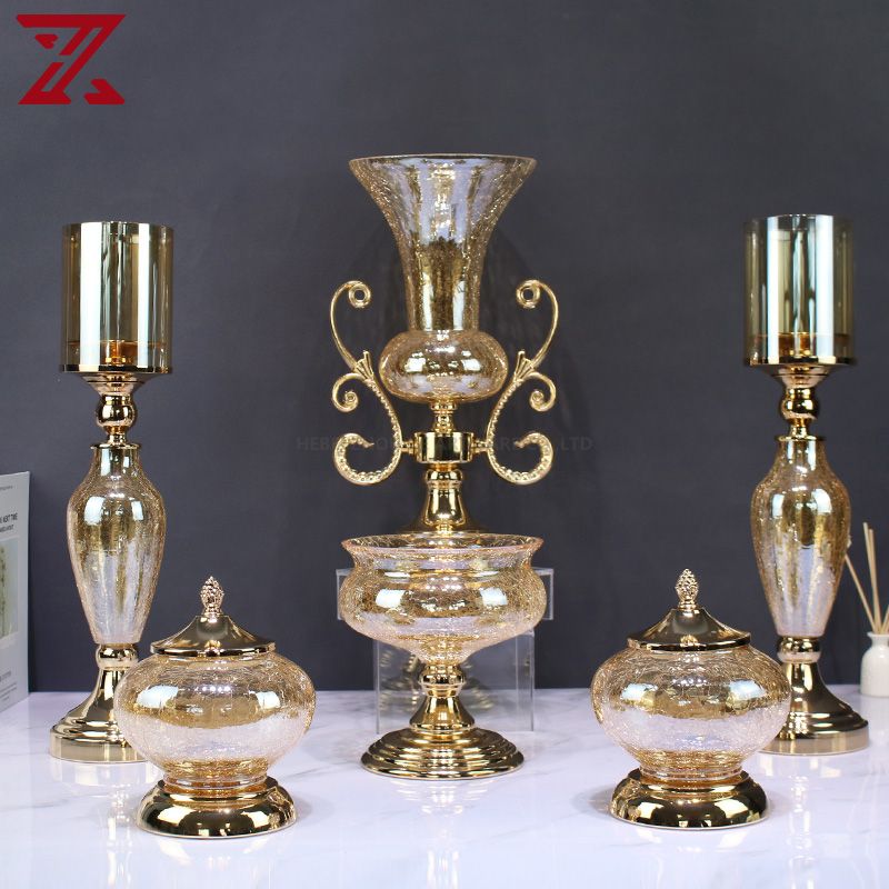 crackle glass wedding party decoration set handmade metal art flower vase fruit bowl 