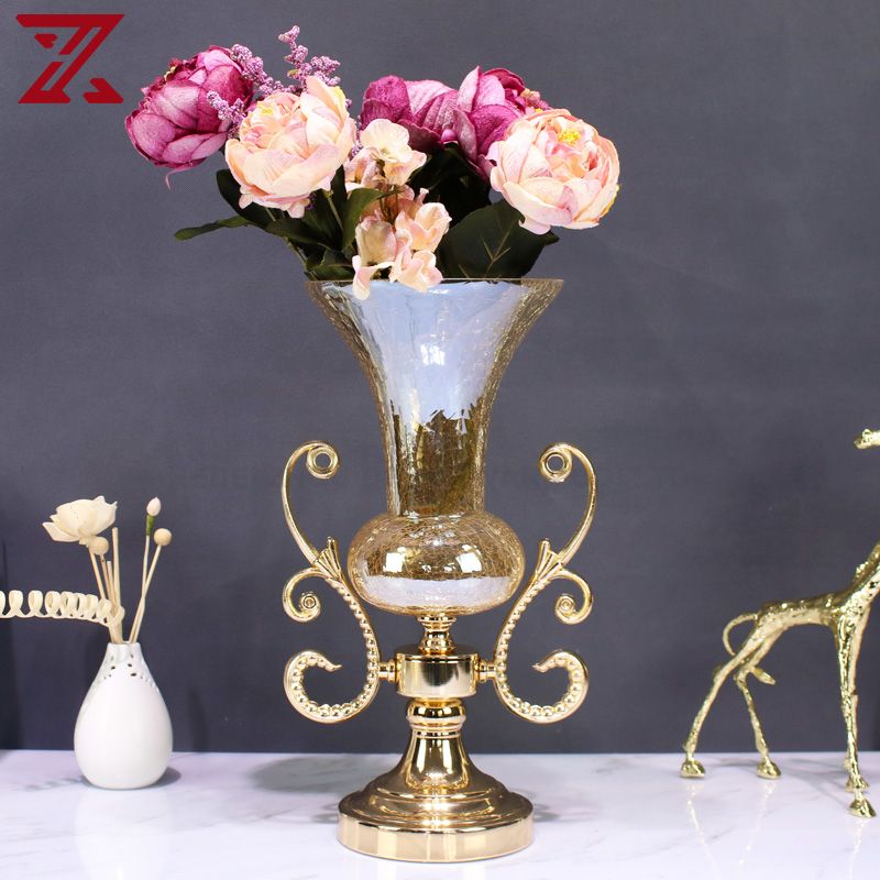 crackle glass wedding party decoration set handmade metal art flower vase fruit bowl 