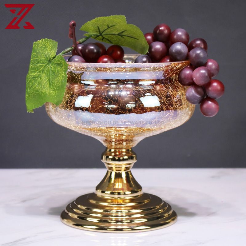 crackle glass wedding party decoration set handmade metal art flower vase fruit bowl 