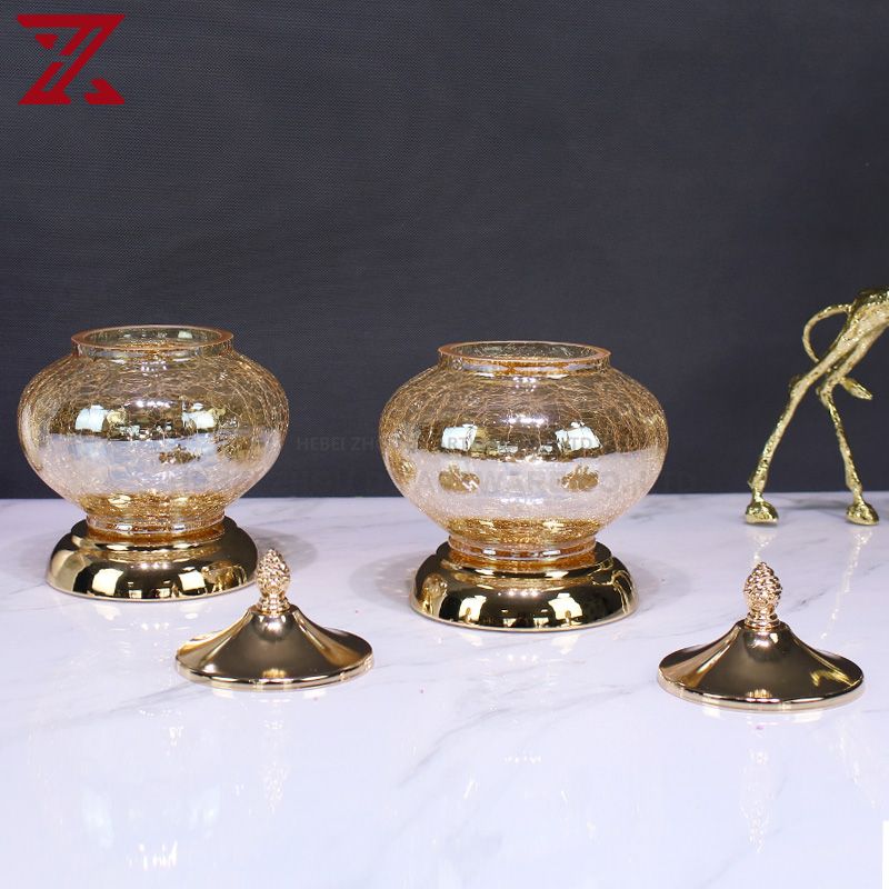 crackle glass wedding party decoration set handmade metal art flower vase fruit bowl 