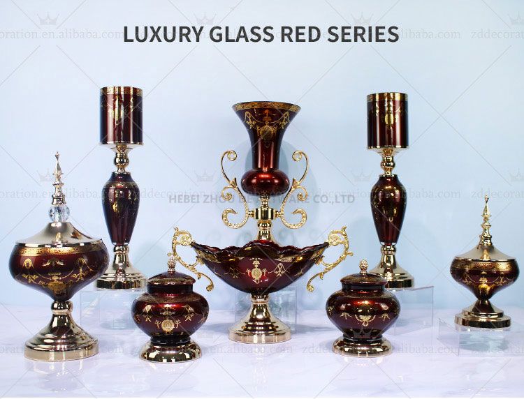 Factory sale luxury metal stand glass red vase bowl candle holder jar home decoration set for wedding party 2 buyers