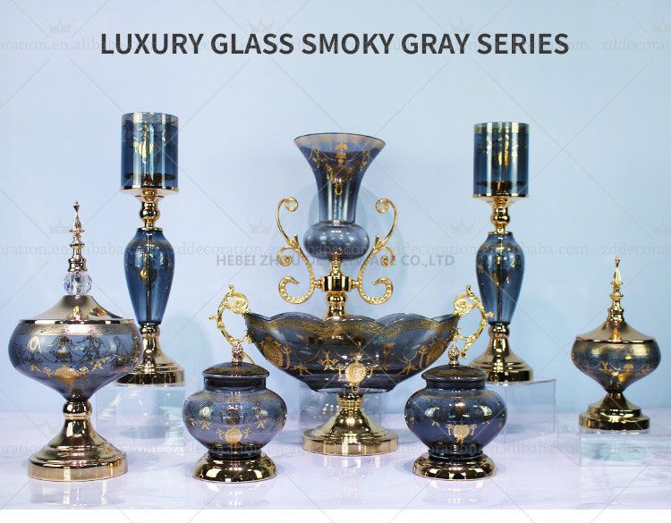 Luxury glass sets of 8 smoke gray candle holders vase fruit bowl living room accessories for home decorative