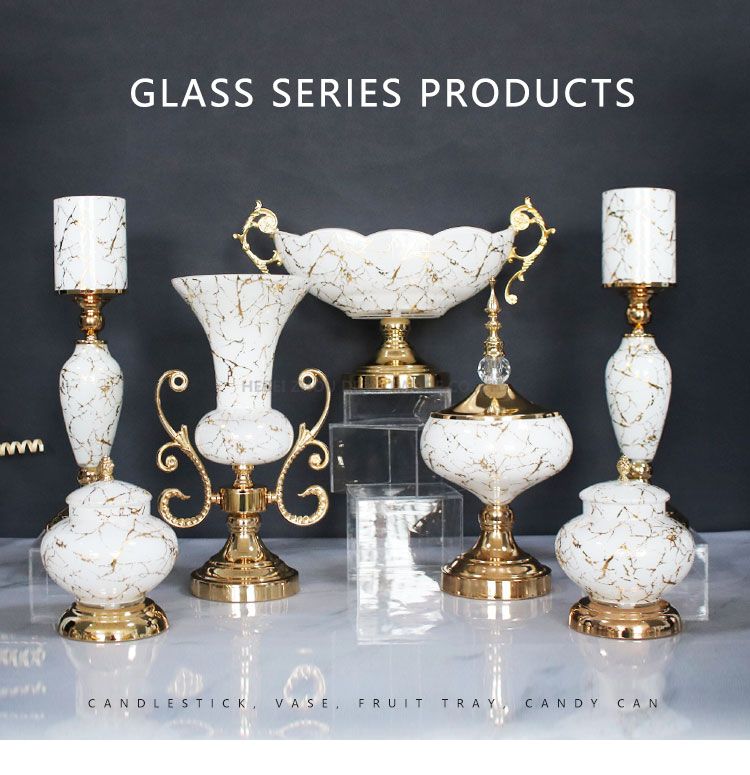 glass set white marble decal glass material candlestick glass pot set for home decoration