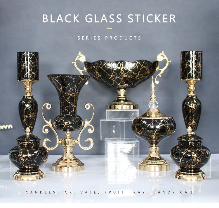 gold plating black marble decal glass pot flower vase fruit bowl candlestick glass home decor set