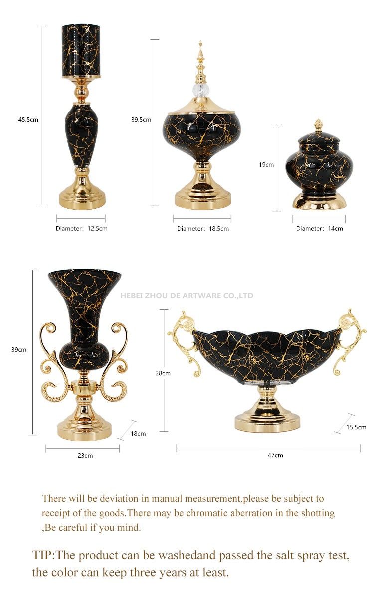 gold plating black marble decal glass pot flower vase fruit bowl candlestick glass home decor set