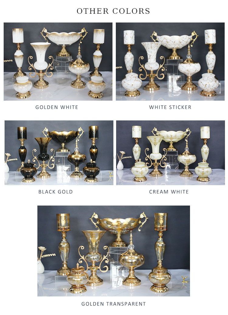 gold plating black marble decal glass pot flower vase fruit bowl candlestick glass home decor set