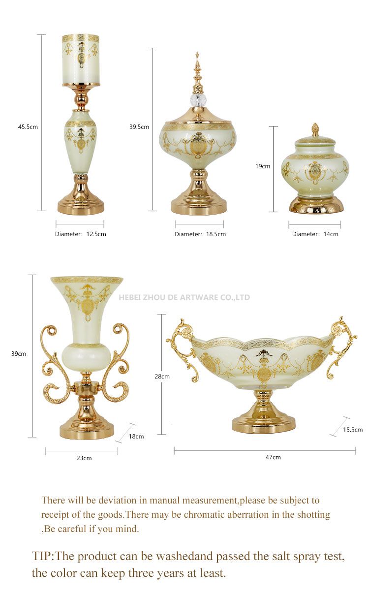gold plating white cream glass flower vase candlestick with fruit bowl set